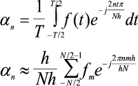 The fourier coefficients for a  sampled function and approximating fourier coefficient integral by considering  a number of rectangles of height fm and width h