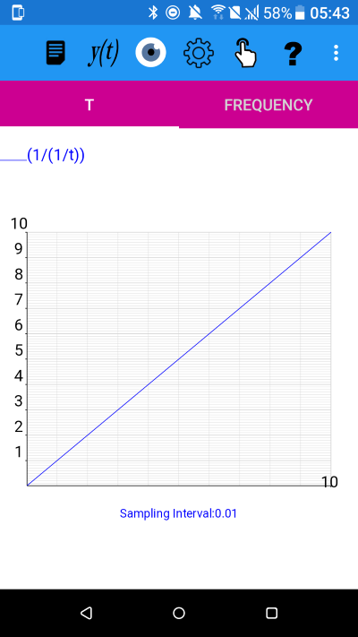 y(t)=(1/(1/t)) for 0.1<=t<10.01  plotted by plotXpose, companion app with book,  Mathematics for Electrical Engineering and Computing