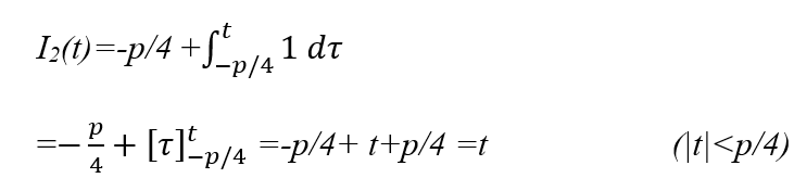 Integrating a square wave of period p, amplitude 1, 0 phase and 0 offset, from p/4 to t where p/4<t<p/2 Integrating a square wave of period p, amplitude 1, 0 phase and 0 offset, from p/4 to t where p/4<t<p/2