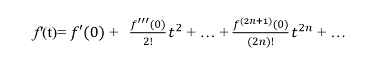 The power series for the derivative of an odd function. We see that the power series for the derivative consists of only a constant term and even powers of t and therefore is even