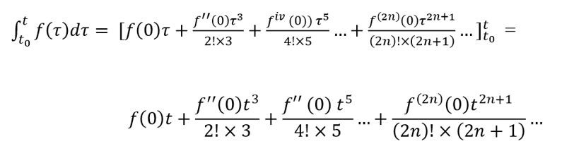The power series for the derivative of an even function. We see that the power series for the integral (with t0=0) of an even function consists of only odd powers of t and therefore is odd.